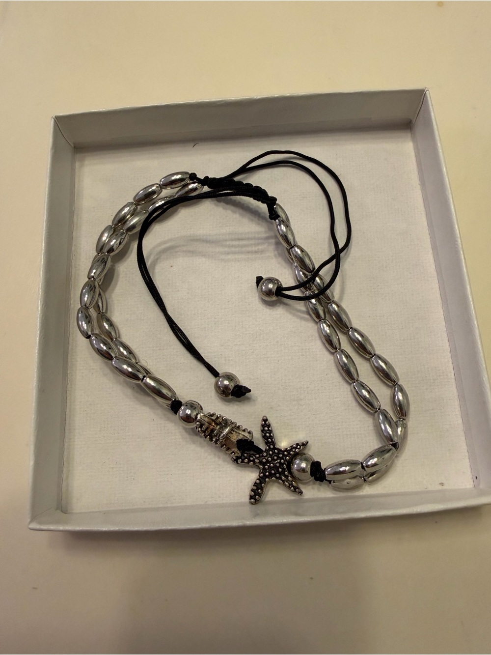 Silver Starfish Beaded Bracelet/Anklet - Black Cord